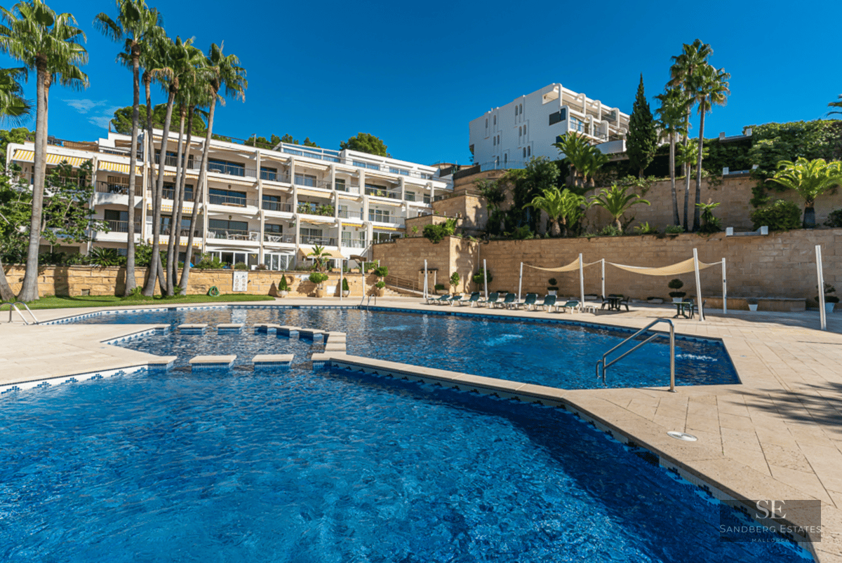 Large blue swimming pool surrounded by a stone deck, palm trees, and a white apartment building under a clear sky.