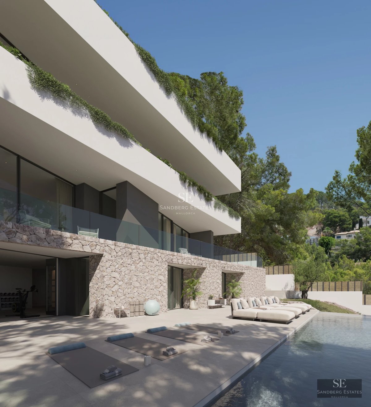 Exterior view of a modern villa featuring a swimming pool, garden, and large balcony. Minimalist design with large windows and clean lines.