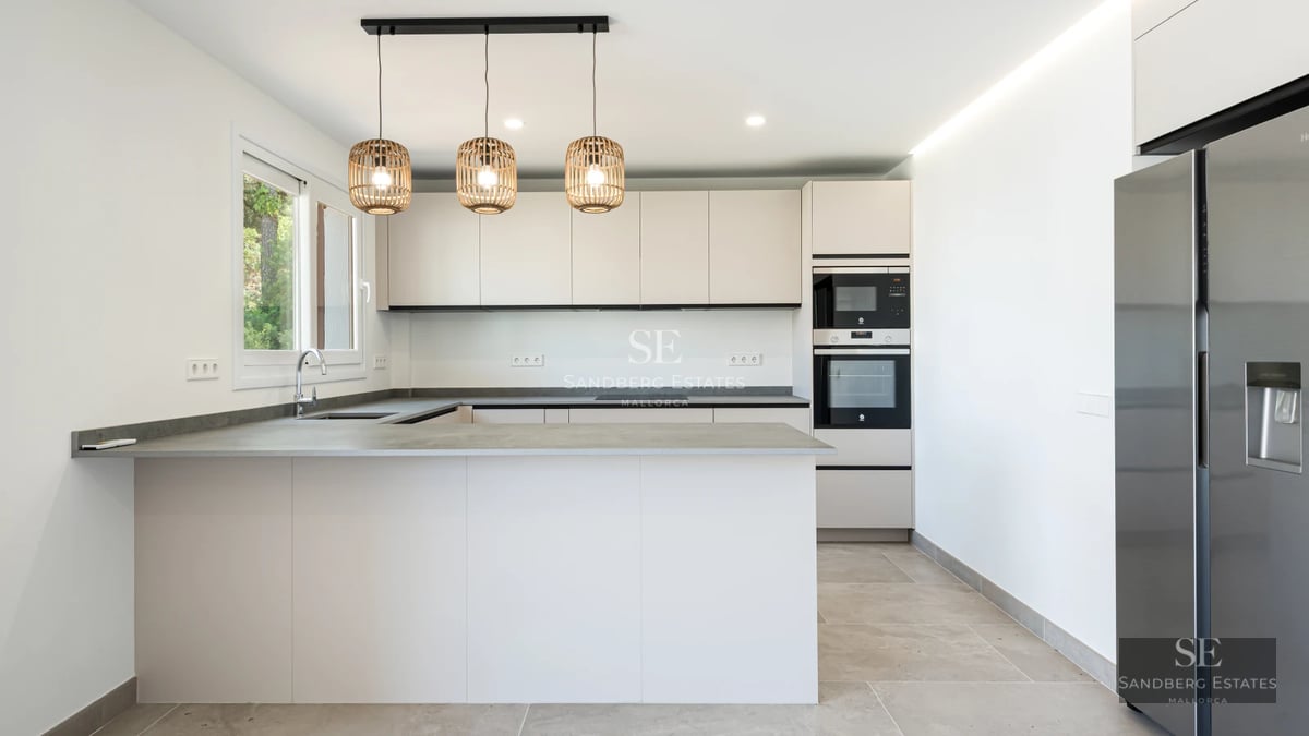 Exterior view of modern villa featuring a swimming pool, large windows, lush garden, and minimalist architecture. Natural lighting.