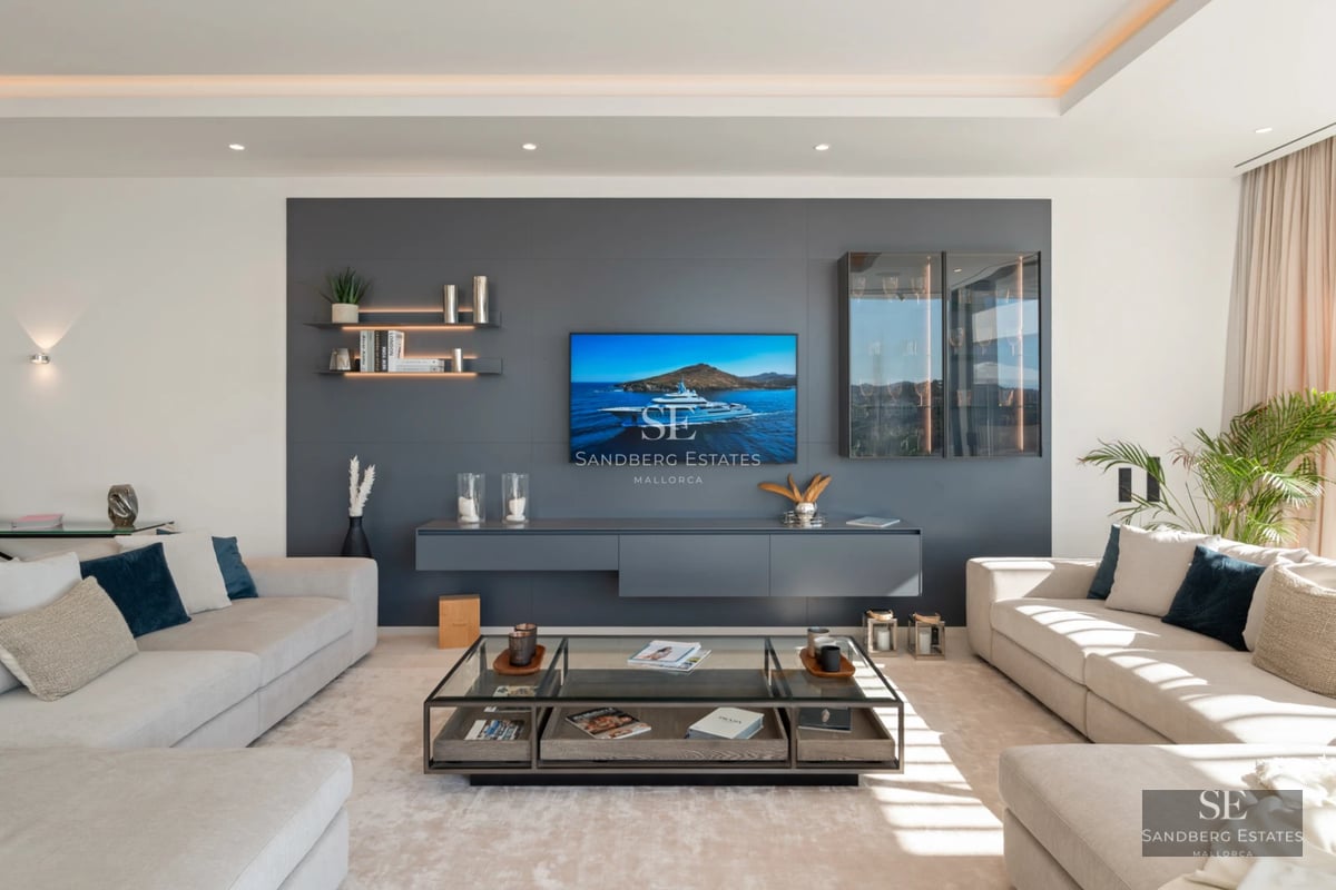 Spacious living room featuring floor-to-ceiling windows, natural light, a modern fireplace, wooden floors and minimalist decor.