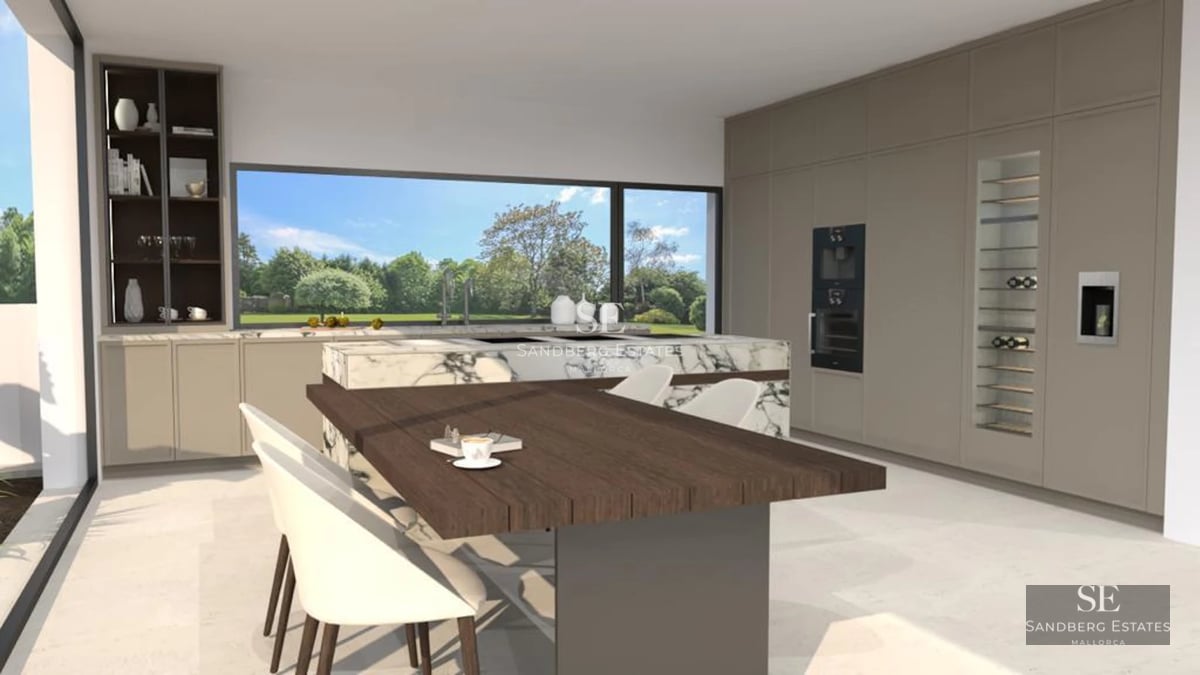 View of a luxurious modern villa with a pool. Minimalist design, large windows, and lush gardens. Contemporary architecture.