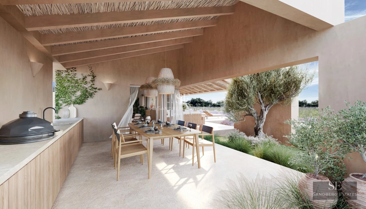 Exterior view of a modern villa with a swimming pool, lush garden, large windows, and sleek architecture. Warm lighting.