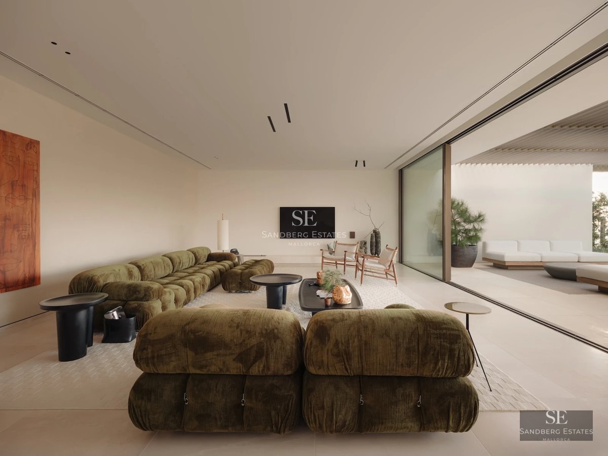 Spacious living room with fireplace, panoramic windows and access to terrace with view. Modern design, abundant natural light.