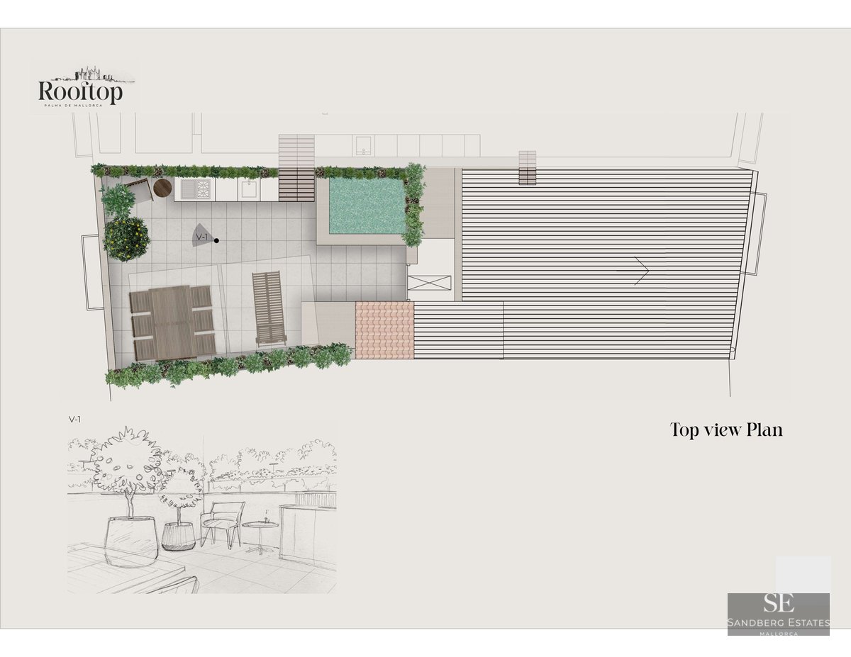 Architectural top view plan and perspective sketch of a luxury rooftop terrace with a pool and outdoor kitchen.