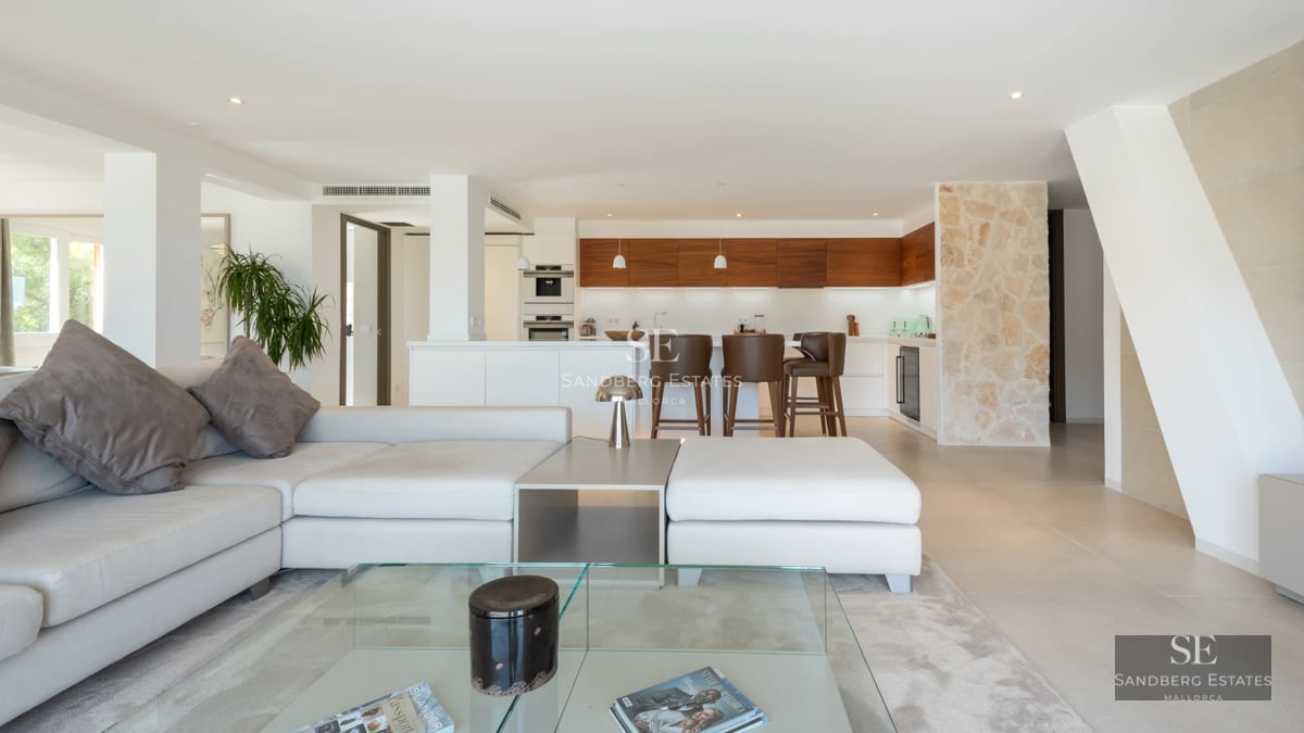 View of modern villa with pool. Minimalist white facade, large windows, impeccable lawn. Elegant and contemporary design.