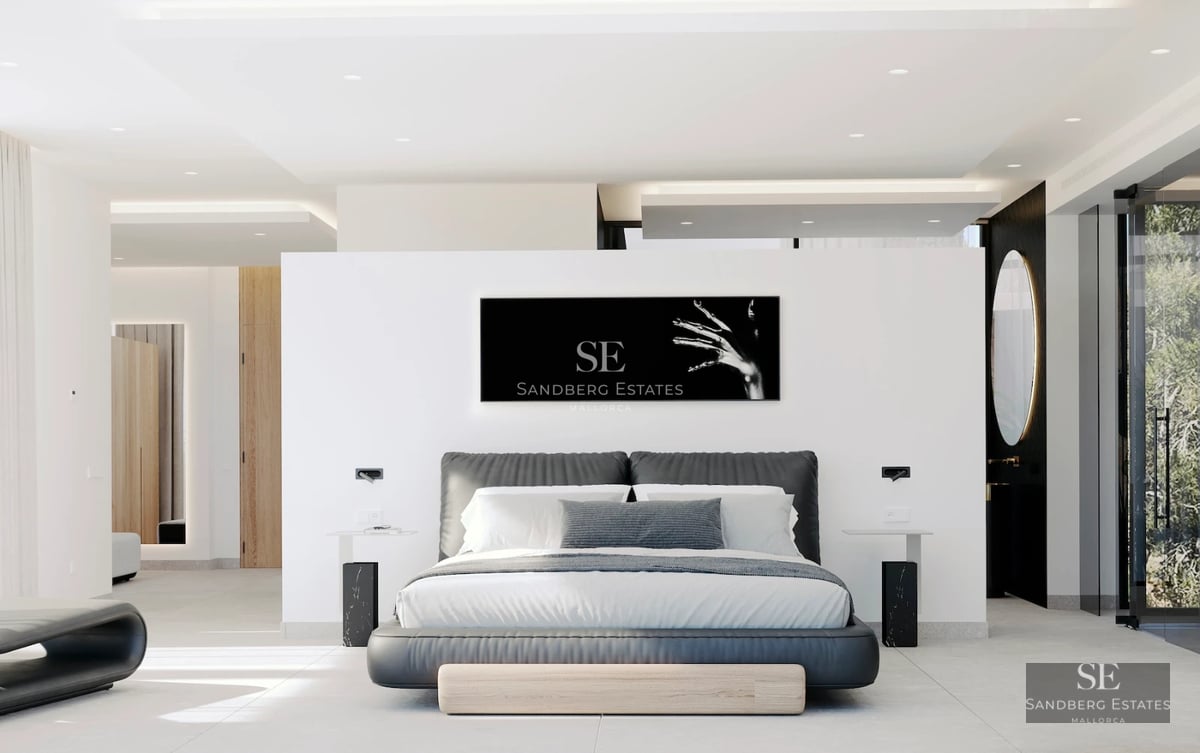 Image of a luxurious, modern house with a sparkling pool, spacious terrace, and lush garden. Minimalist architecture with large windows.