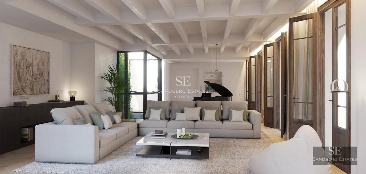 Exterior view of modern villa with pool, large garden, and minimalist architecture. Warm ambient lighting.