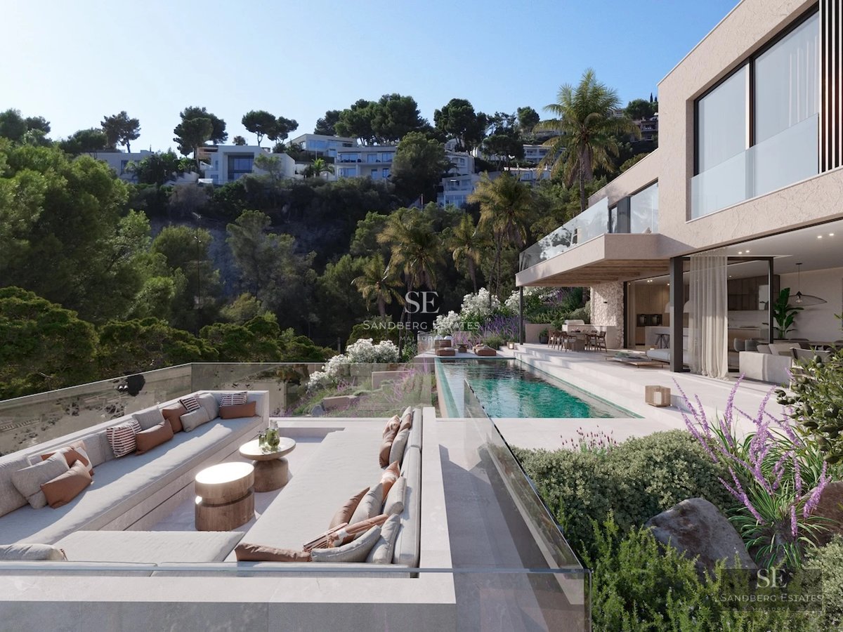 Modern penthouse with large windows, terrace with pool, and sea view. Minimalist interior with wooden floors and abundant natural light.