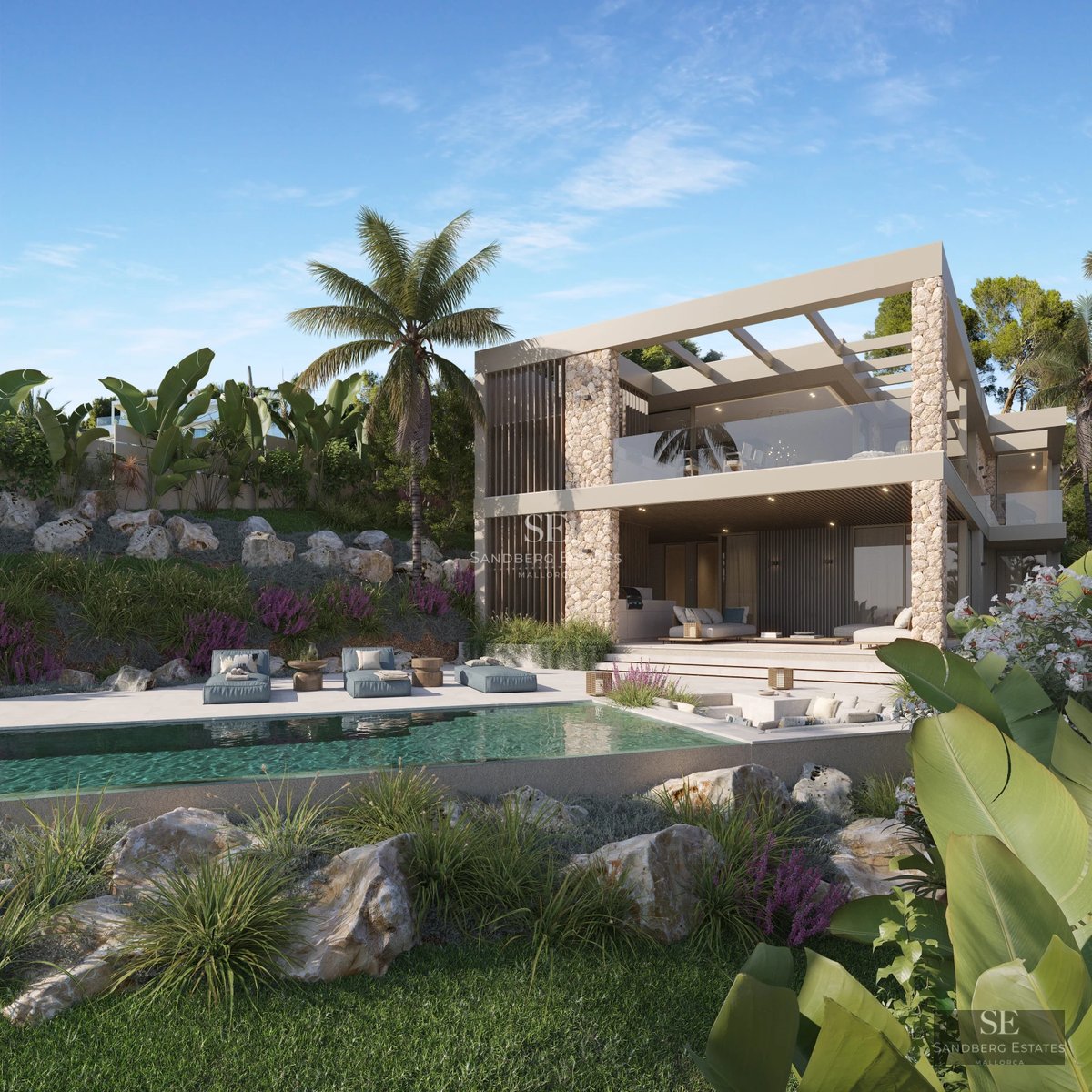 Modern facade with pool, lush garden, and large terraces. Minimalist architectural design and high-quality finishes.