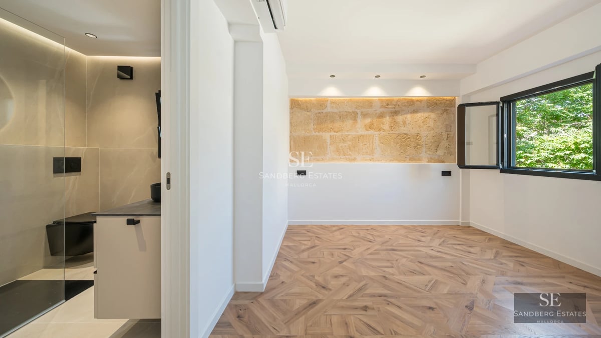Exterior view of a modern villa featuring a pool, lush garden, and minimalist architecture. Soft lighting and neutral tones.