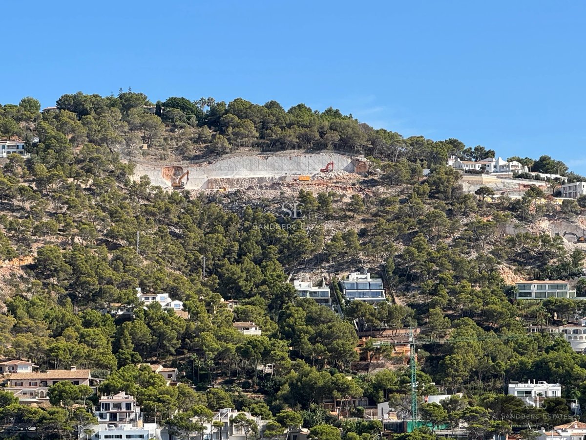 Exterior view of modern villa with infinity pool, lush gardens, and spacious terraces. Contemporary architectural design.