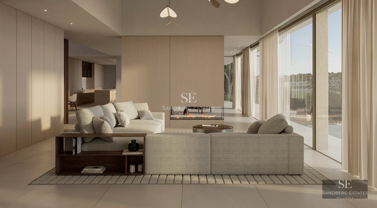 Aerial view of a modern villa with a pool, surrounded by greenery. Minimalist architecture with clean lines and large windows.