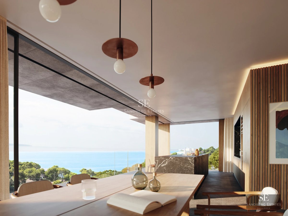 Exterior view of modern villa with infinity pool, lush garden & spacious terraces. Minimalist & elegant architectural design.