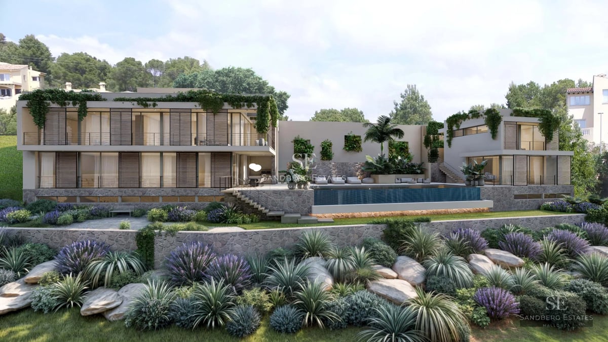 Exterior view of a modern house with a pool. Minimalist design, large windows, and manicured landscaping. Warm ambient lighting.