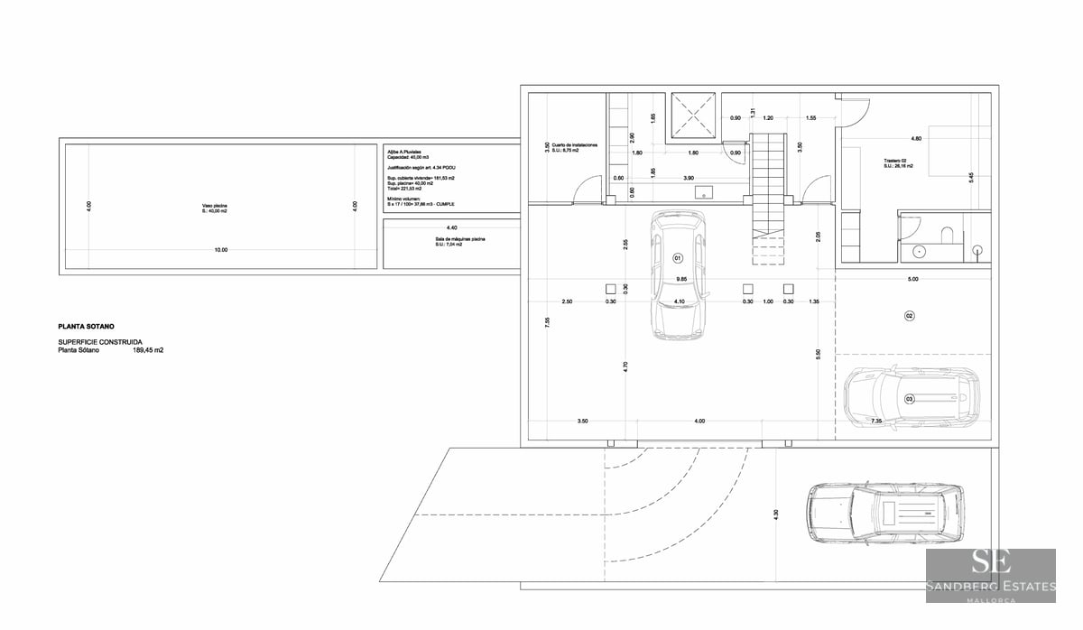 Detailed architectural floor plan of the basement level featuring a multi-car garage, storage rooms, and pool layout.