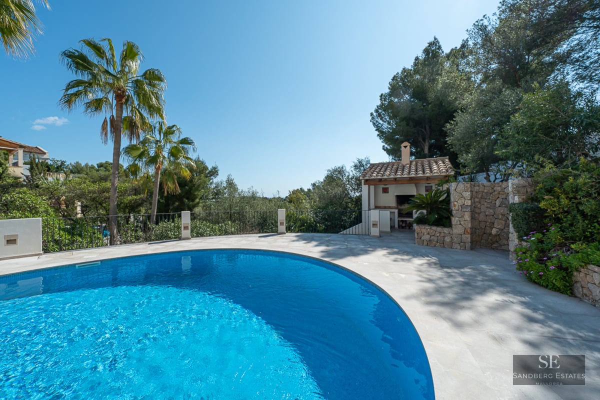 Une piscine bleue éclatante de forme courbe entourée d'une terrasse en pierre, de palmiers et d'un barbecue rustique.