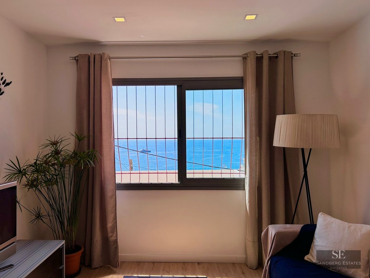 A window with a metal grate framing a blue sea view, flanked by beige curtains, a floor lamp, and a houseplant.