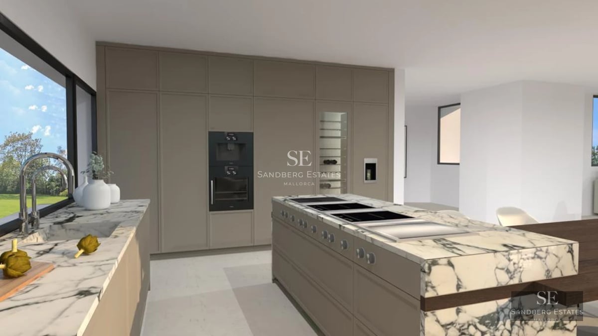 Exterior view of a modern house with a pool, large windows, and terrace. Minimalist design with lush gardens.