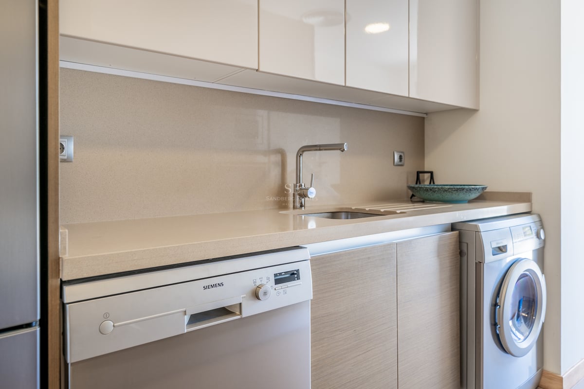 Espace utilitaire moderne avec plan de travail en quartz, évier en inox et appareils Siemens intégrés.