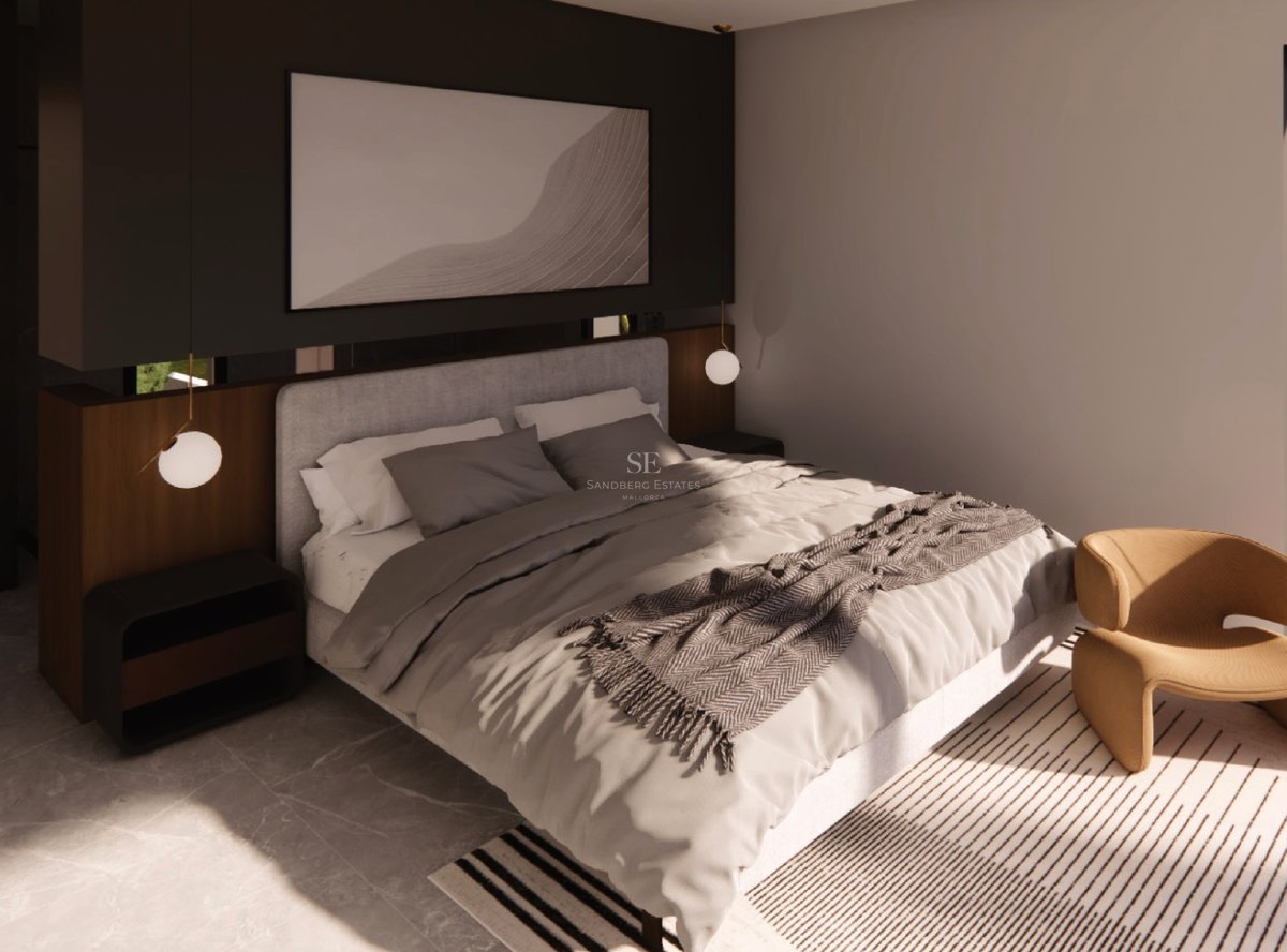 Chambre moderne avec lit gris, accents en noyer, suspensions sphériques et fauteuil design ocre.