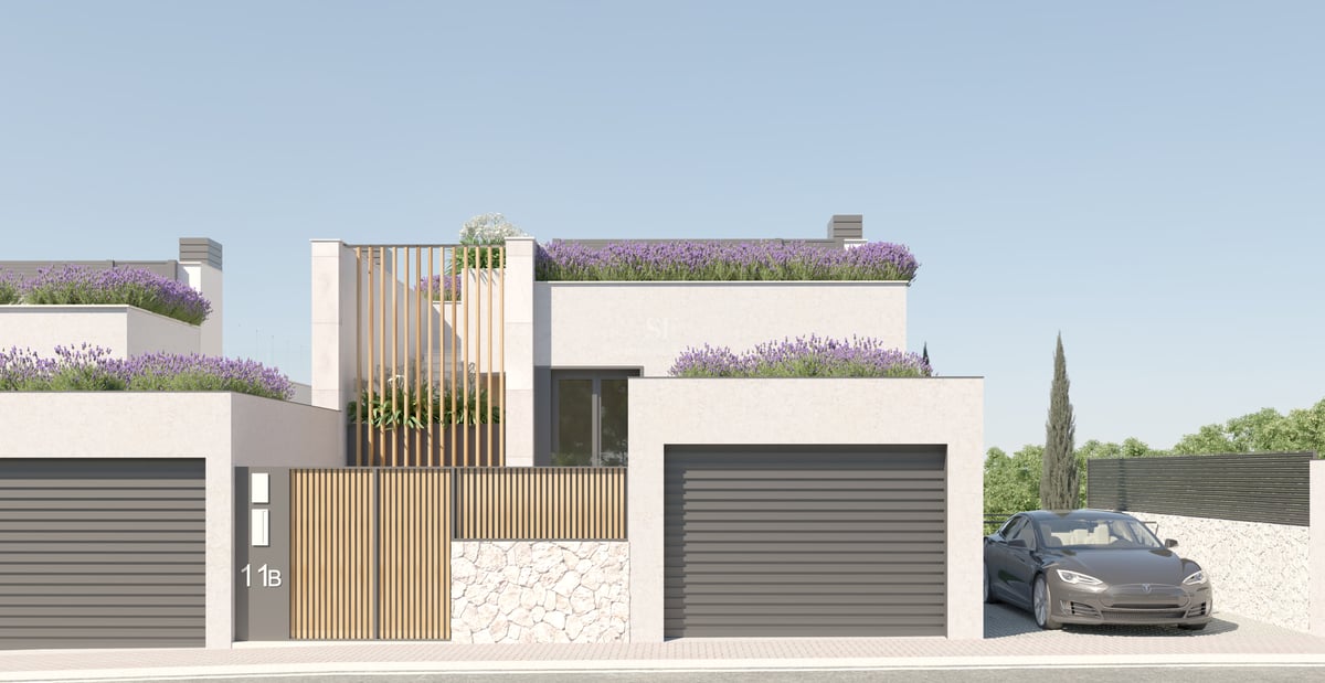 Architectural view of a white modern villa with wooden slats, stone walls, and lavender roof gardens.