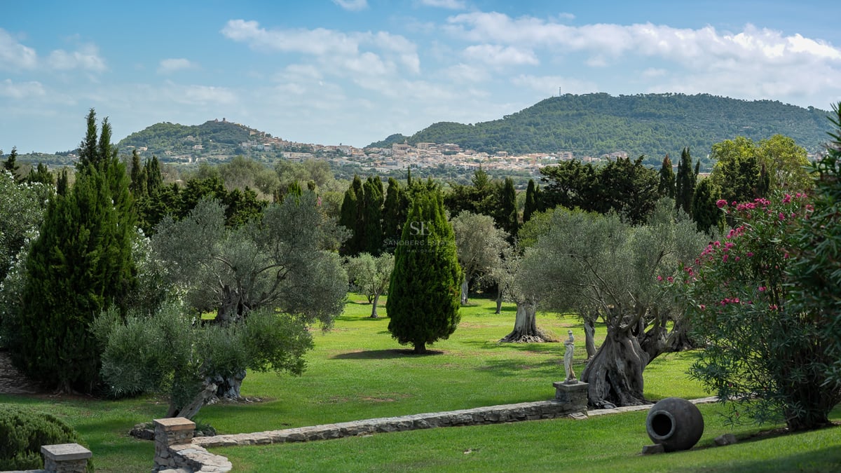 Jardin méditerranéen luxuriant avec oliviers centenaires et murets en pierre, vue sur les montagnes et un village.