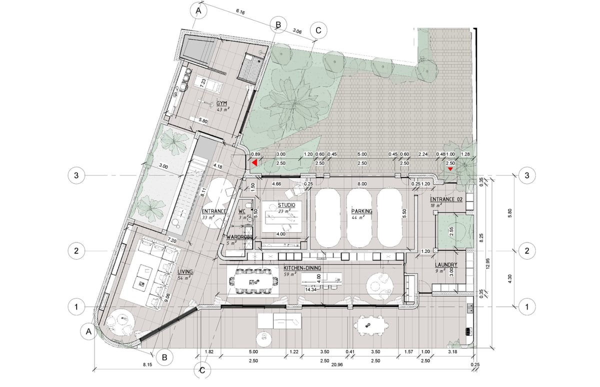 Plan d'architecte 2D montrant un salon ouvert, une cuisine, une salle de sport et un parking pour trois voitures.