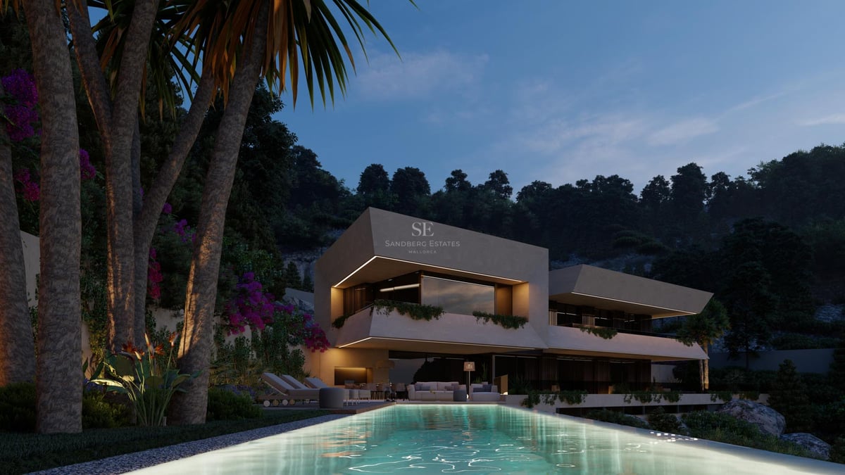 Modern two-story villa with cantilevered balconies overlooking an illuminated pool and tropical greenery at twilight.