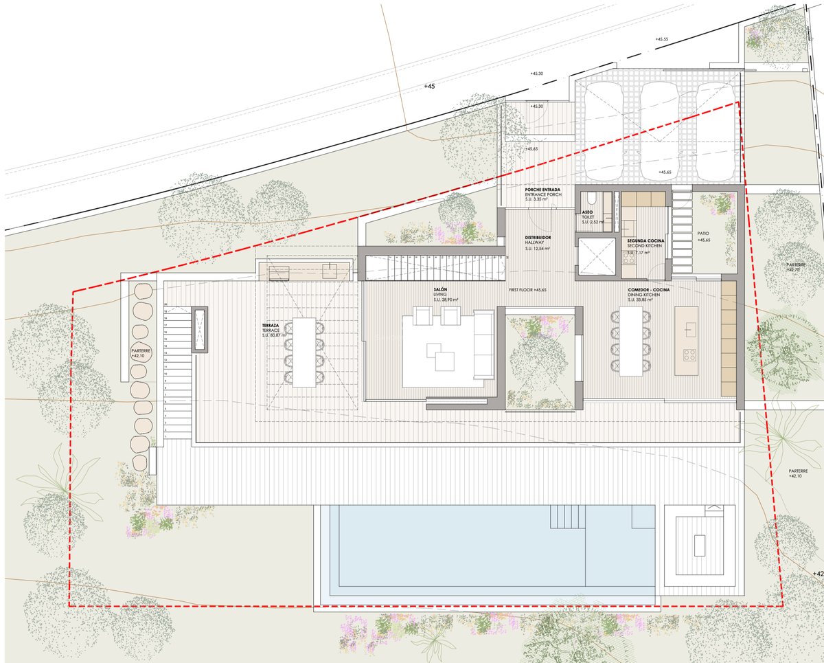 Plan d'architecte du premier étage incluant salon, cuisine, terrasse de 80m2, piscine et parking pour 3 voitures.