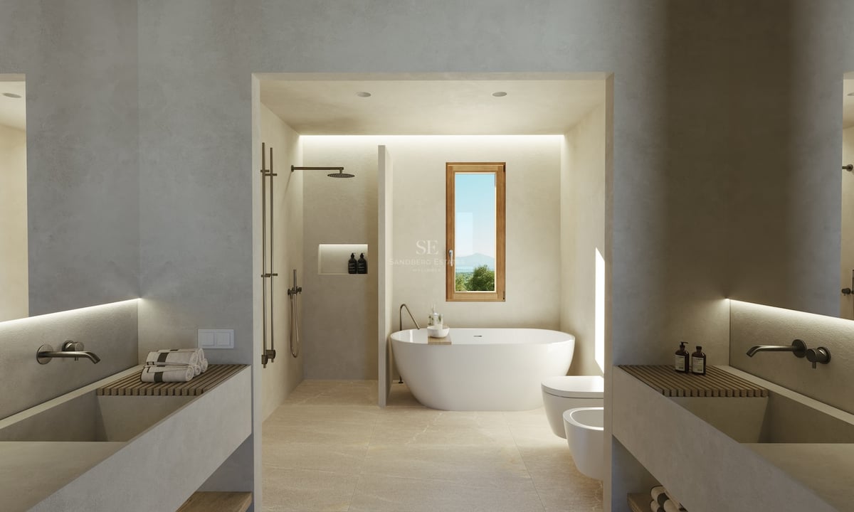 Salle de bain minimaliste moderne avec baignoire ovale blanche, douche à l'italienne et doubles vasques en béton.