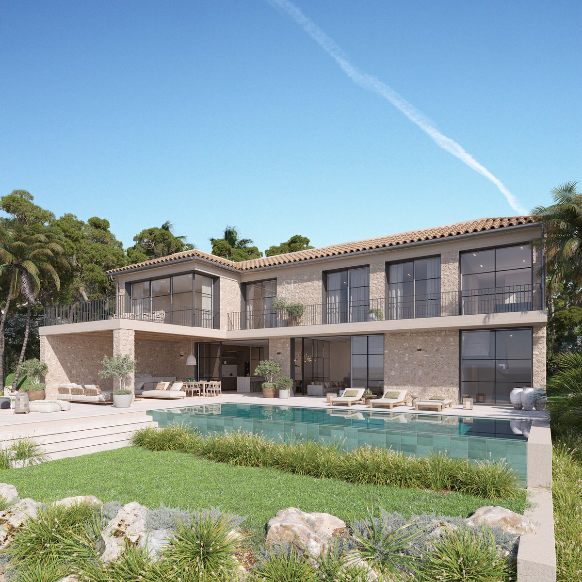 Villa moderne de deux étages avec une grande piscine, des murs en pierre naturelle et de grandes baies vitrées.