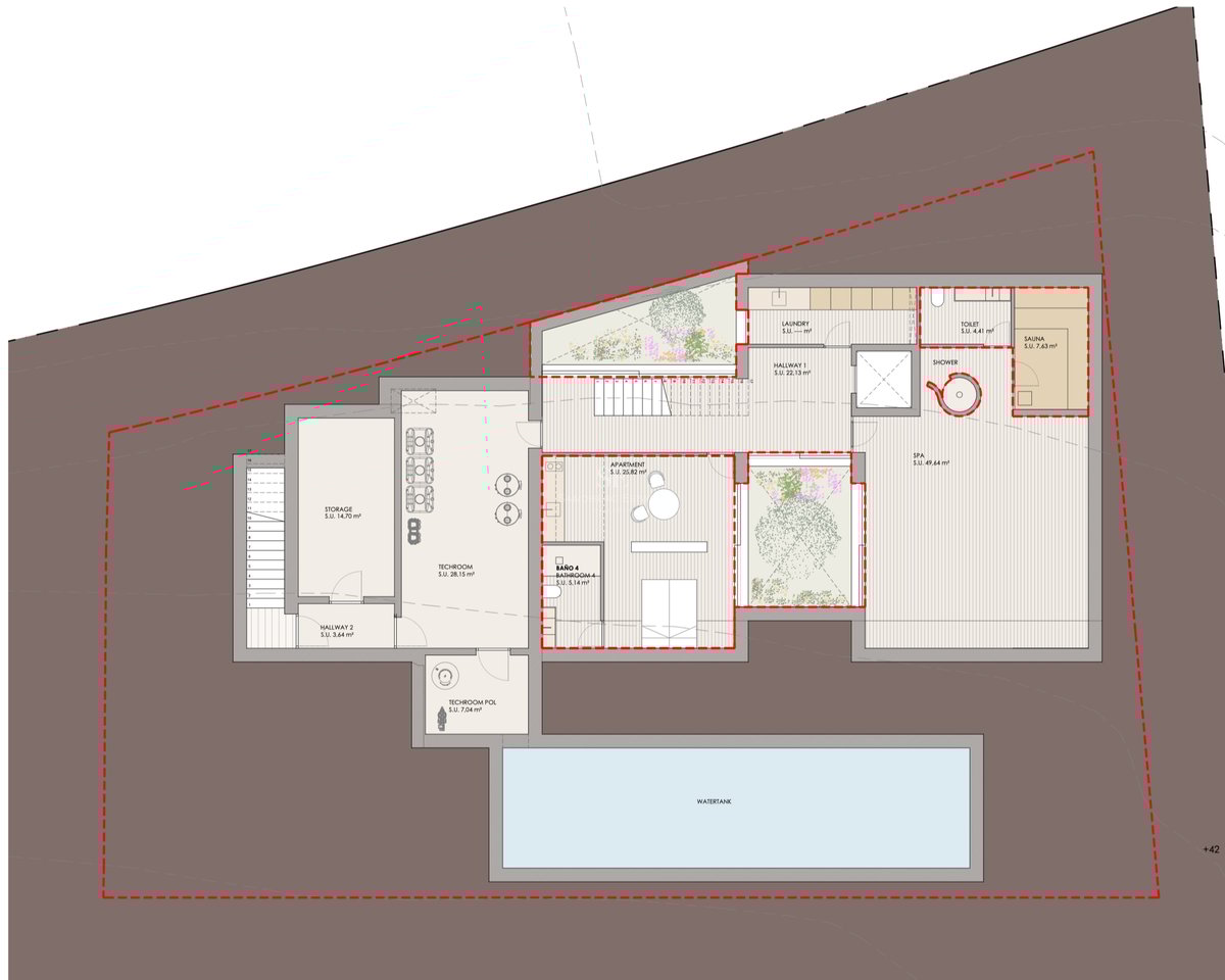 Plan d'architecte du niveau inférieur d'une villa de luxe comprenant un spa, un sauna, un appartement d'invités et des locaux techniques.