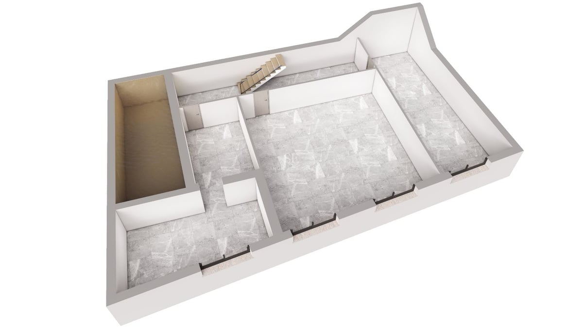 Vue isométrique 3D d'un plan d'étage montrant des sols en marbre, des murs blancs et un escalier en bois.