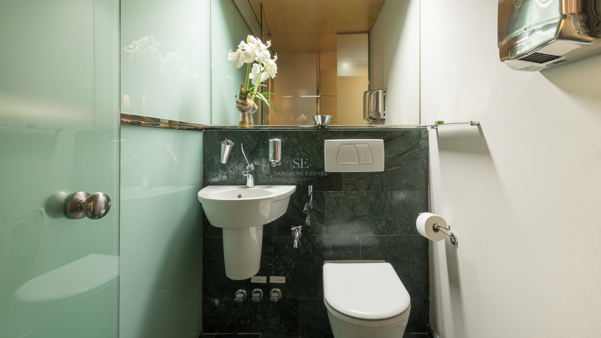 Salle de bains avec murs en marbre vert foncé, lavabo blanc et parois en verre dépoli.