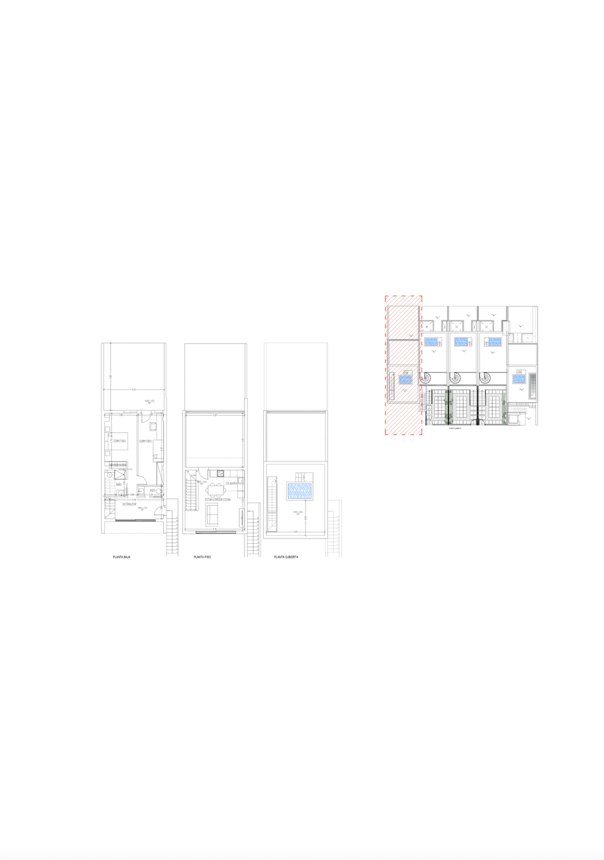 Technical floor plans of a three-level residence showing ground floor, first floor, and roof terrace with pool.