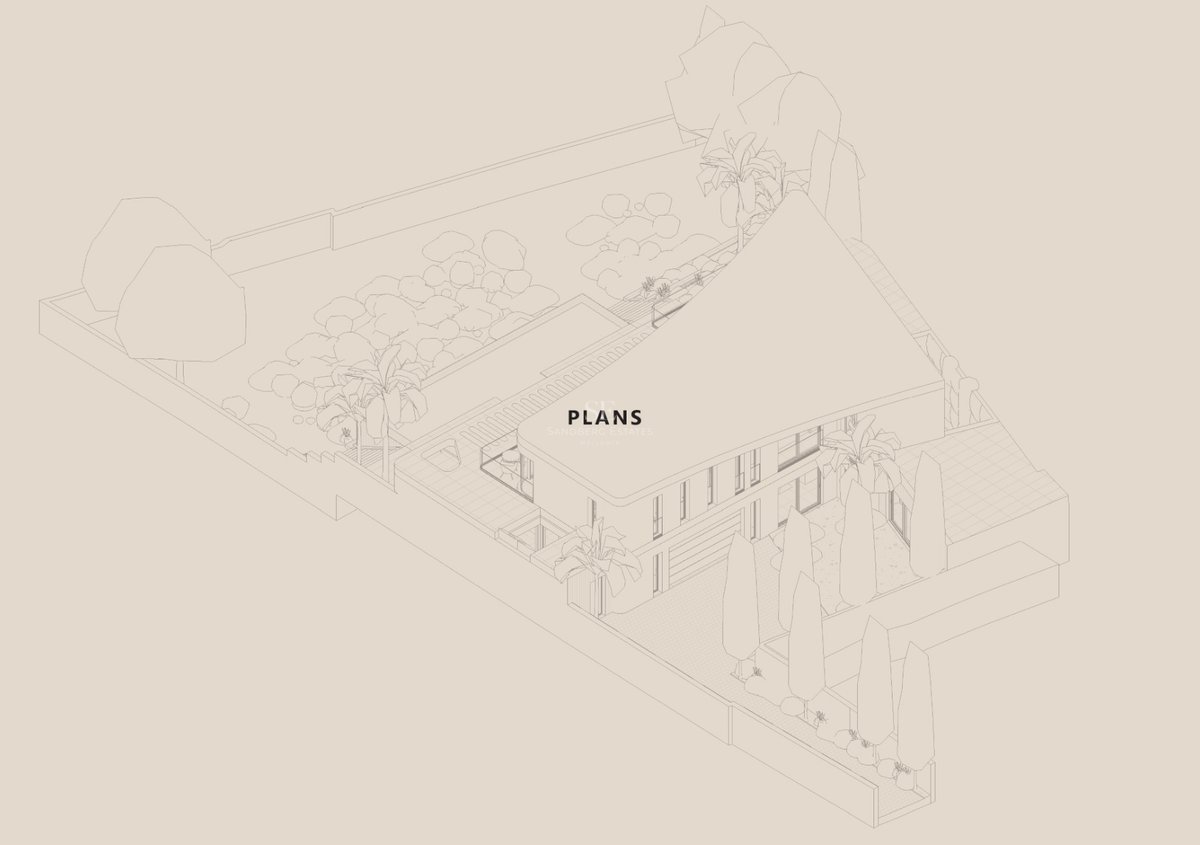 Dessin au trait en 3D montrant l'agencement d'une villa moderne avec piscine, jardin et terrasses.