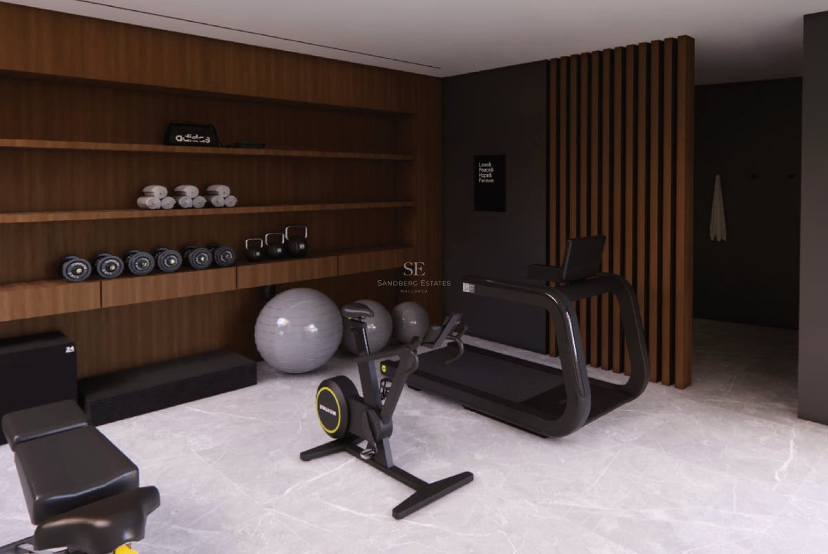 Salle de sport moderne avec sol en marbre, étagères en bois, tapis de course, vélo d'appartement et poids.