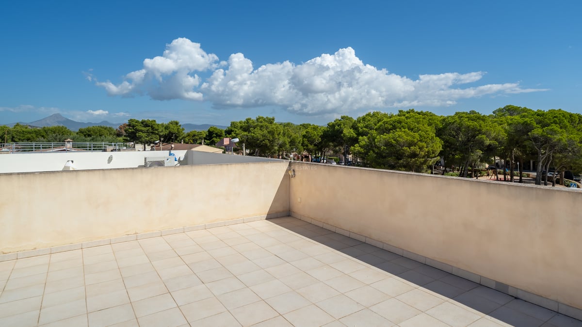 Tom takterrass med beige klinker och låga murar med utsikt över en tallskog under en blå himmel.
