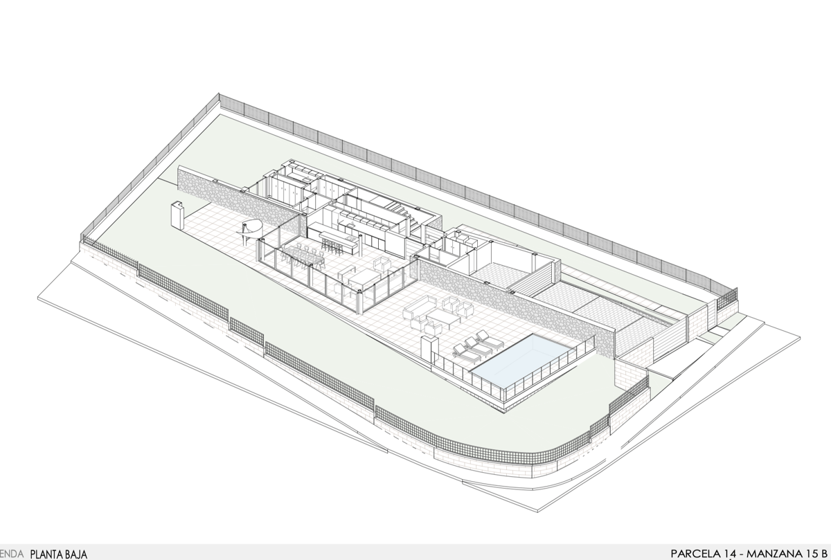 Dessin architectural isométrique en 3D montrant l'aménagement du rez-de-chaussée d'une villa moderne avec piscine et terrasse.