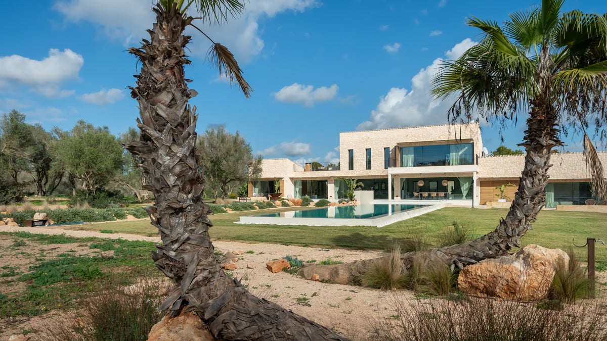 Modern tvåvåningsvilla med en stor rektangulär pool, gräsmatta och palmer under en blå himmel.