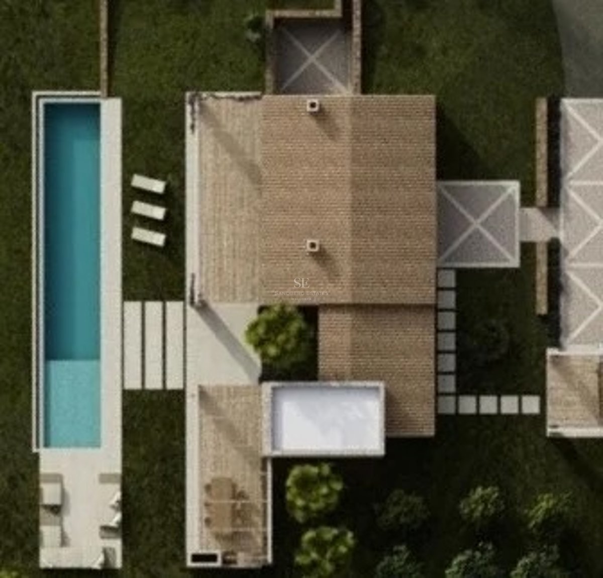 Vue aérienne d'une villa de luxe comprenant une longue piscine, un jardin verdoyant et des terrasses en pierre.