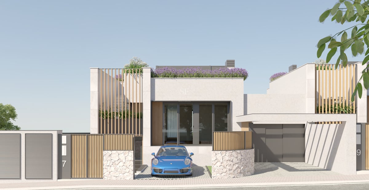 Contemporary white villa facade featuring natural stone walls, vertical wood slats, and a rooftop garden under clear sky.