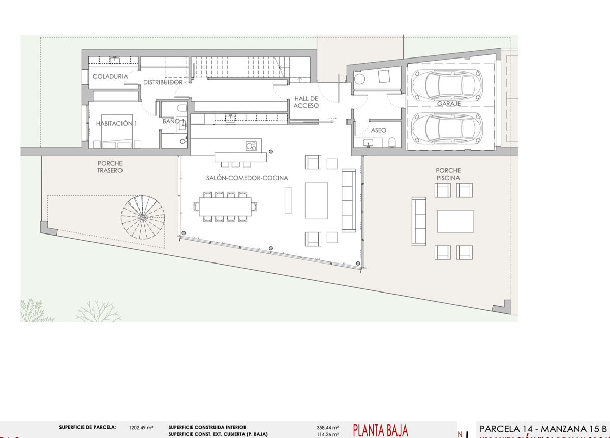 Plan technique du rez-de-chaussée d'une villa avec salon ouvert, garage double et grandes terrasses extérieures.