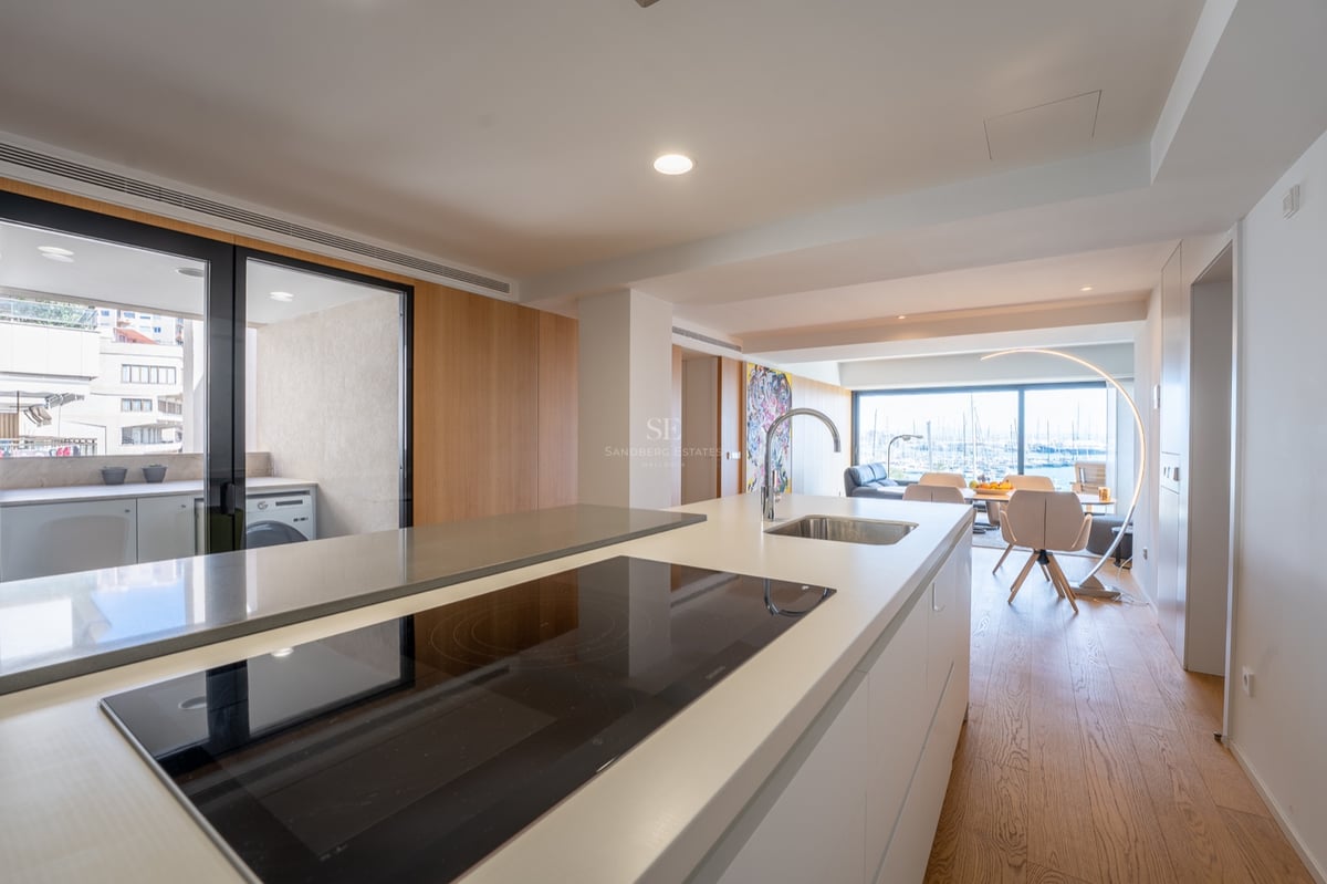 Köksö med induktionshäll och diskho, med utsikt mot en matplats och hamnen i bakgrunden.