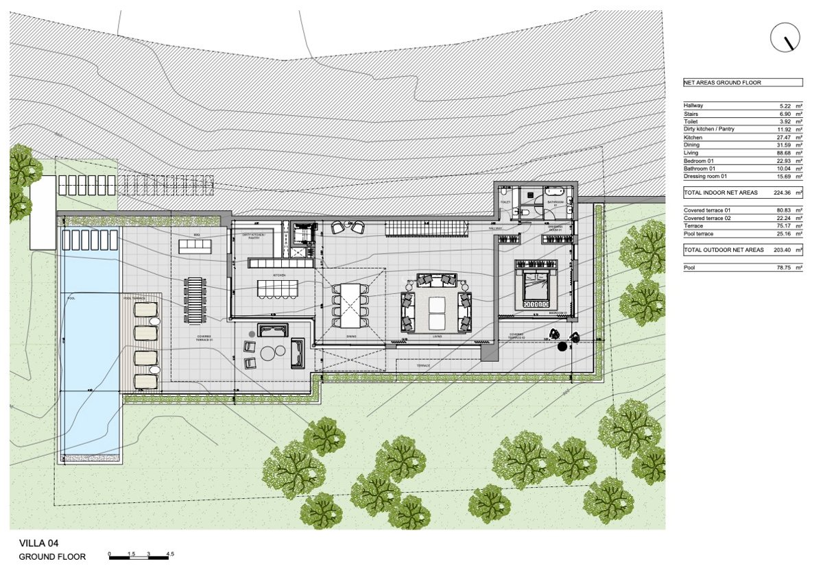 Plan architectural du rez-de-chaussée d'une villa de luxe avec salon ouvert, suite parentale et piscine.