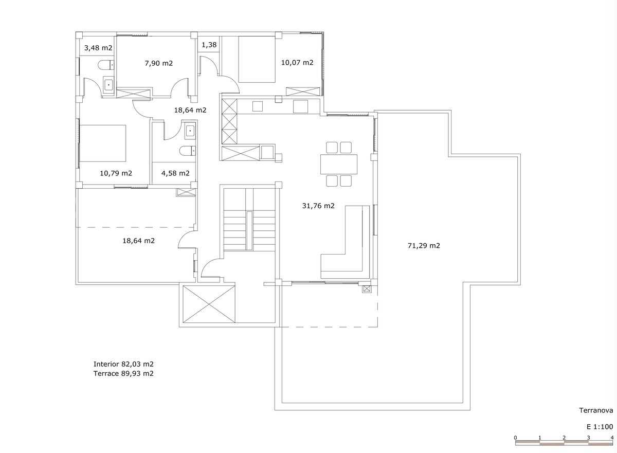 Plan architectural 2D d'un appartement de 2 chambres avec séjour de 31m2 et grande terrasse de 71m2.