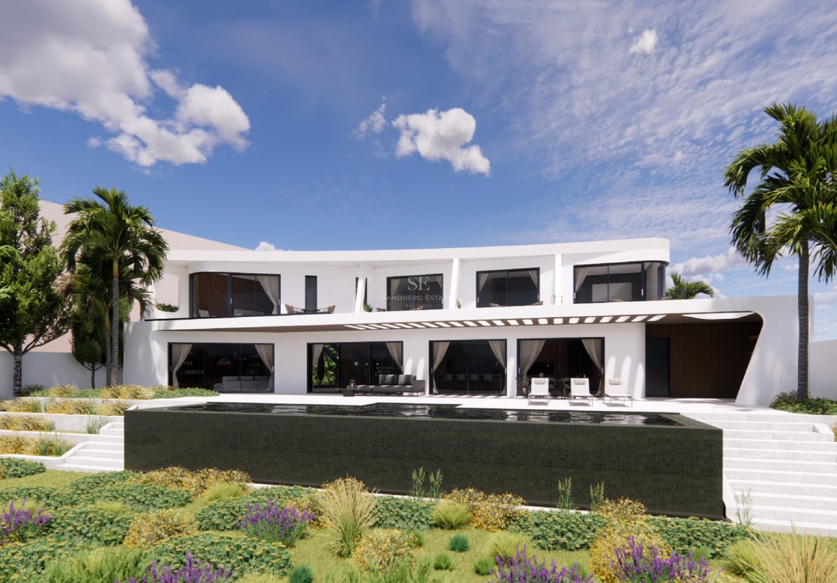 Villa blanche à deux étages, architecture courbe, piscine à débordement en carrelage sombre et jardin paysager.