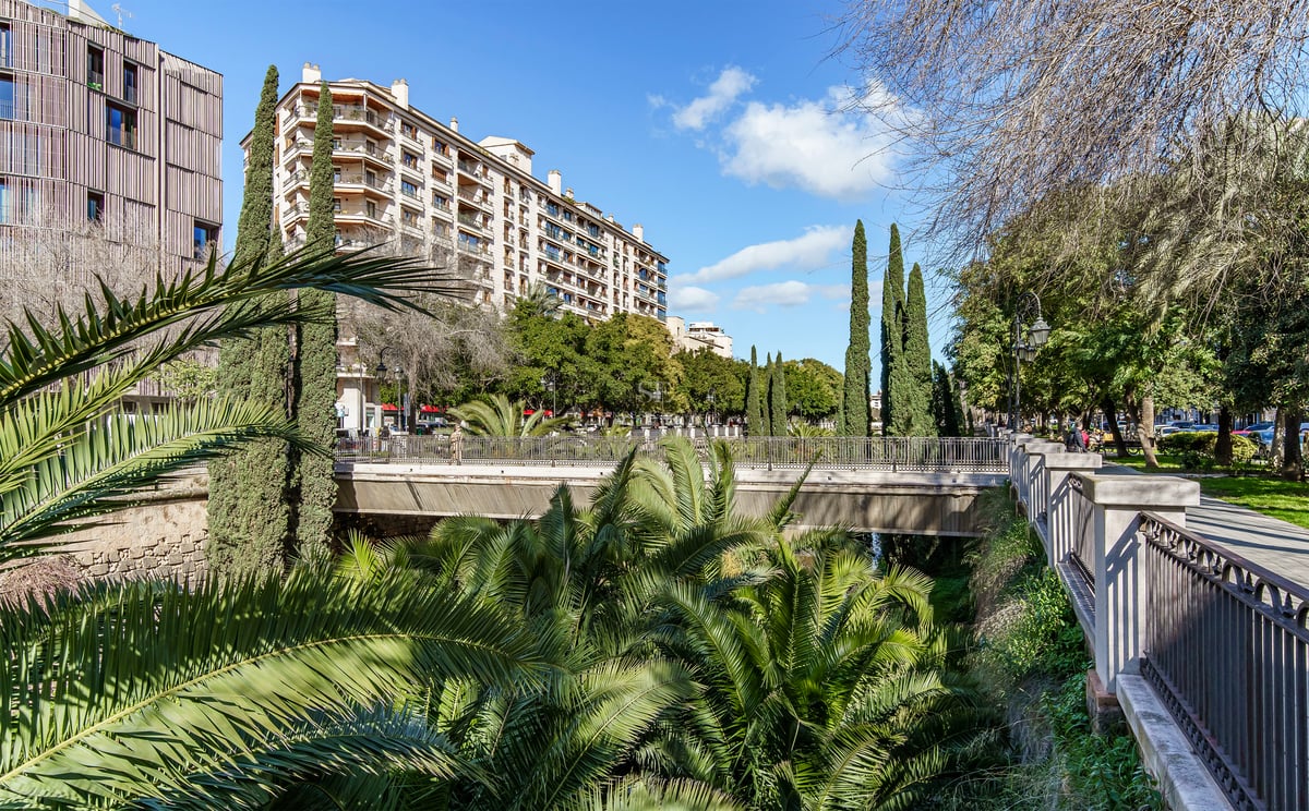 Un parc urbain ensoleillé avec des palmiers, un pont piétonnier et des immeubles d'appartements modernes.
