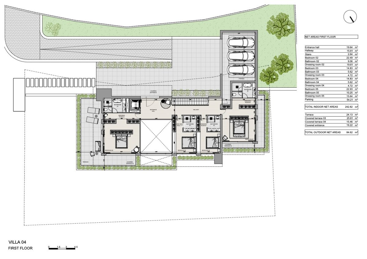 Plan d'architecte du premier étage de la Villa 04 montrant quatre chambres en suite et un garage triple.