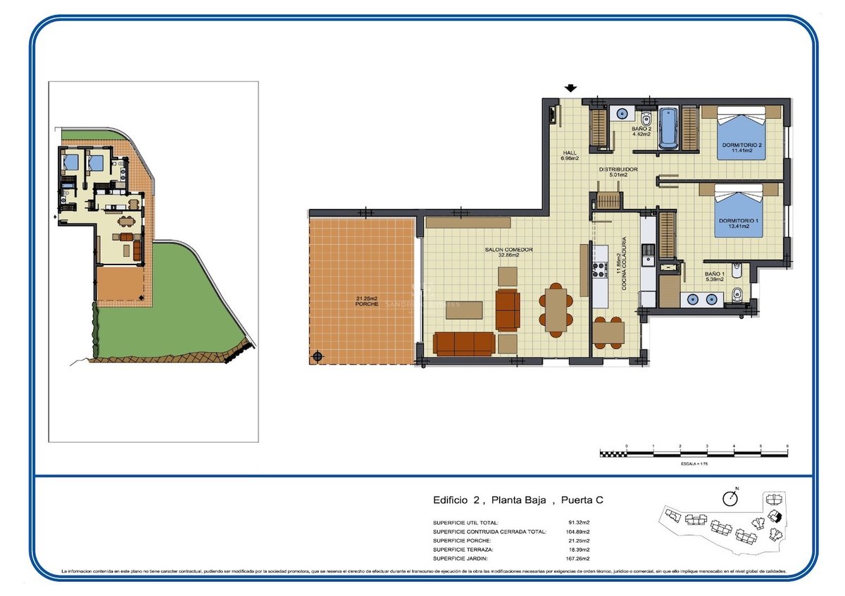 Plan technique d'un appartement de deux chambres en rez-de-chaussée avec une grande terrasse et un jardin.